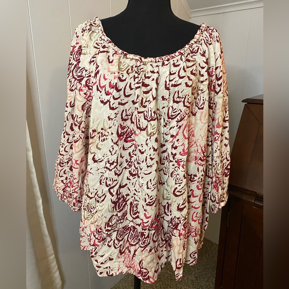 Lucky Brand 3/4 Sleeve Printed Blouse with braided bateau neckline
